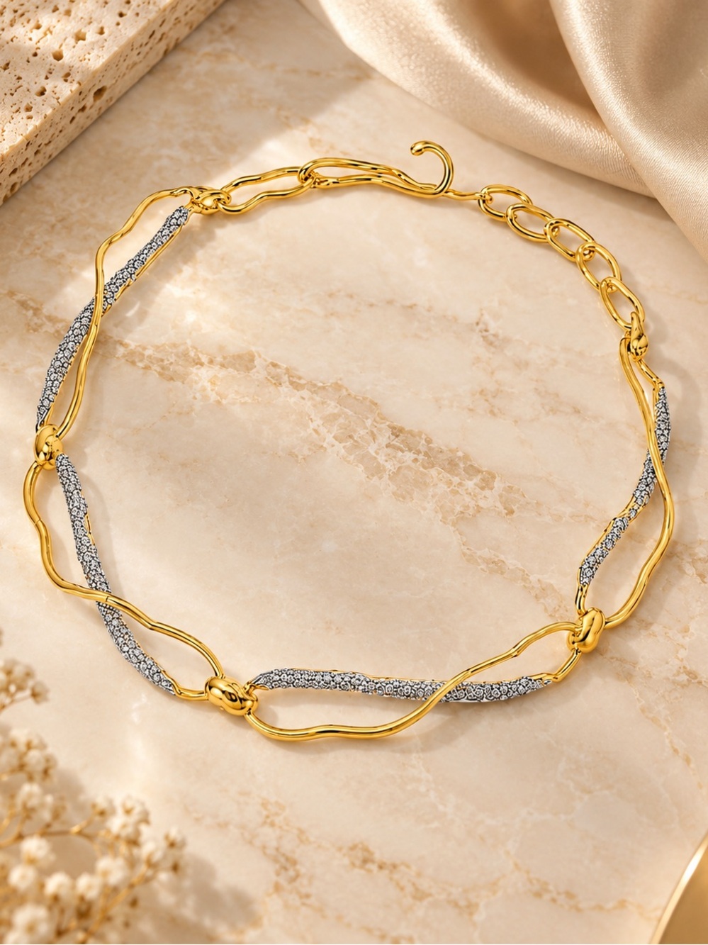 Gold Tone Crystal Wave Link Statement Necklace